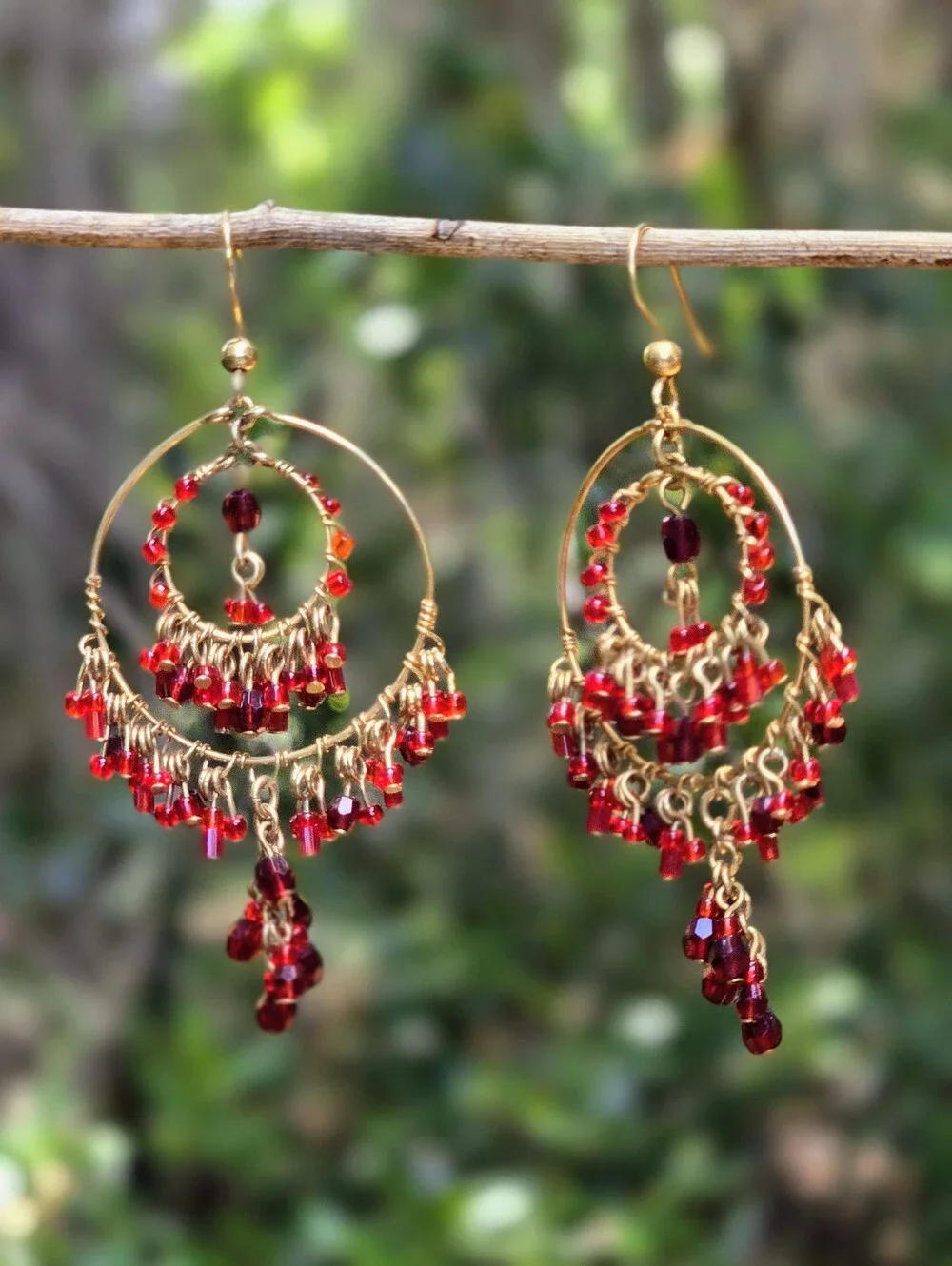 Vintage Gold Tone Hoop Chandelier Earrings with Red Beads